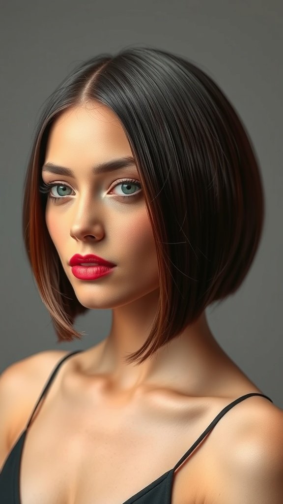 A woman with a classic French bob hairstyle, featuring sleek, chin-length hair and bold red lips.
