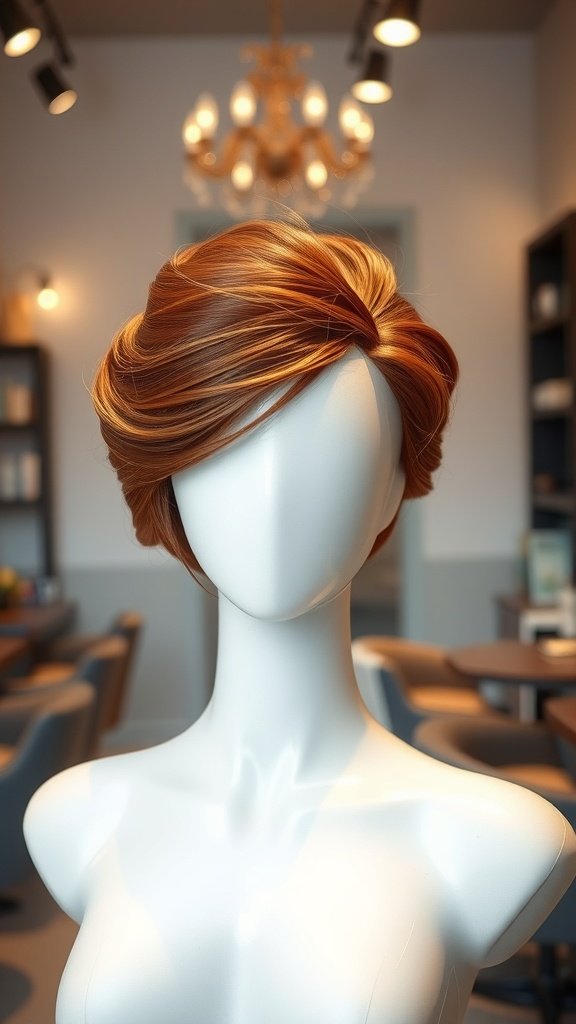 A mannequin showcasing a copper bouffant updo hairstyle in a stylish setting.