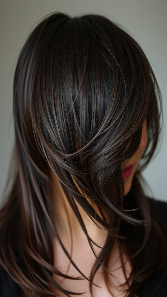 A woman with dark brown layered hair and side-bangs, showcasing a stylish and elegant look.
