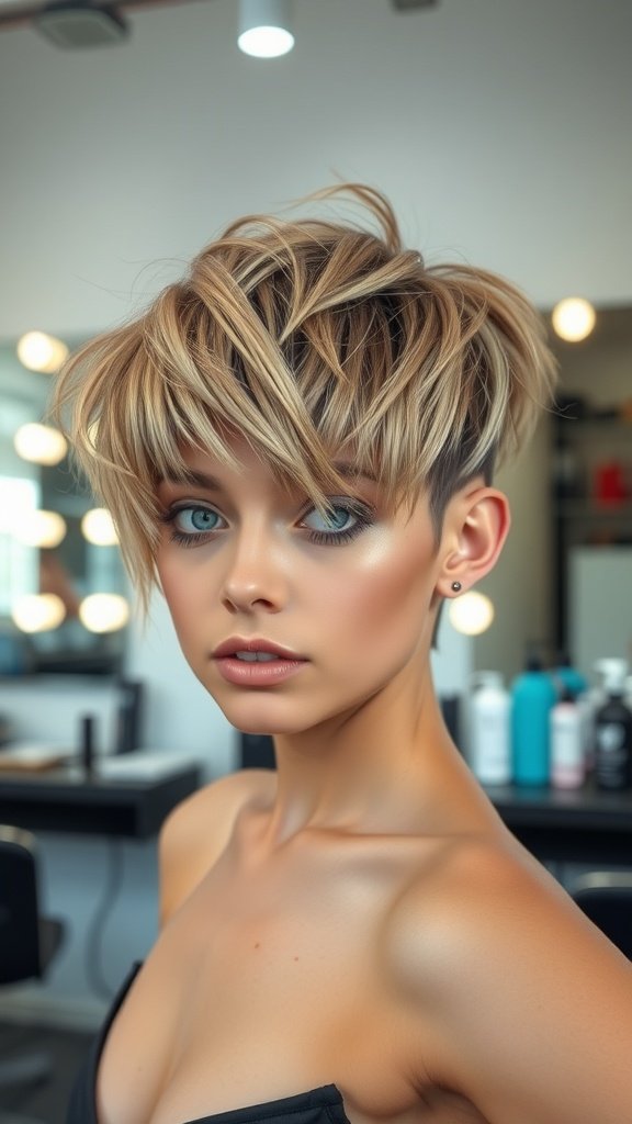 A woman with a disheveled shaggy pixie haircut, showcasing layers and texture, in a salon setting.