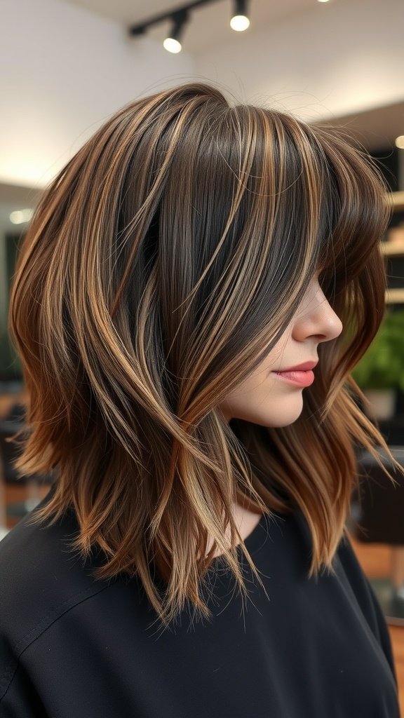 A woman with dynamic angled layers and fringe, showcasing a stylish medium-length haircut.