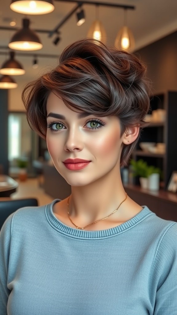 A woman with short hair styled in soft curls with a side part, showcasing a fresh and elegant look.