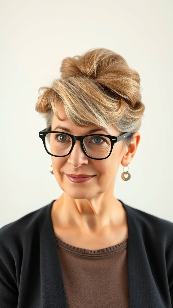 A woman over 50 with glasses sporting an elegant French twist hairstyle with volume.