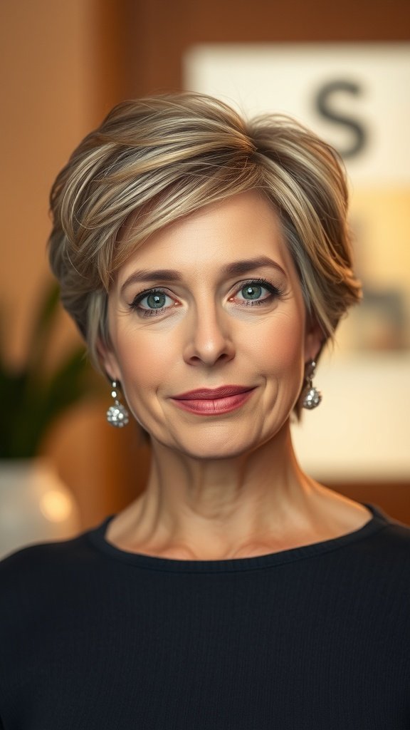 A woman with a feminine pixie hairstyle featuring a rounded silhouette, wearing elegant earrings and a dark top.