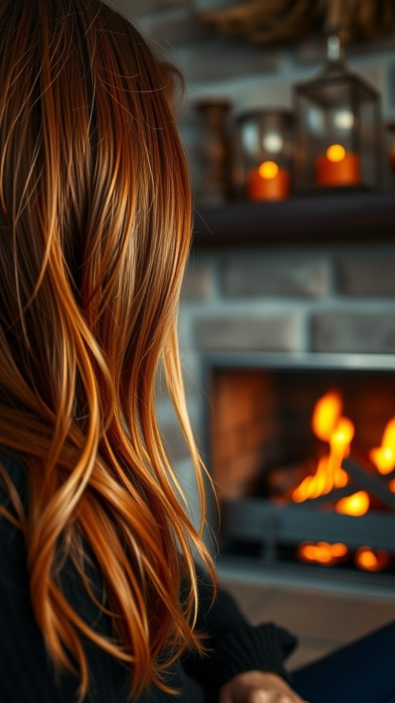 A person with long, wavy auburn and copper hair sitting in front of a fireplace, showcasing the warm tones of the 'Fireside Glow' hair color.