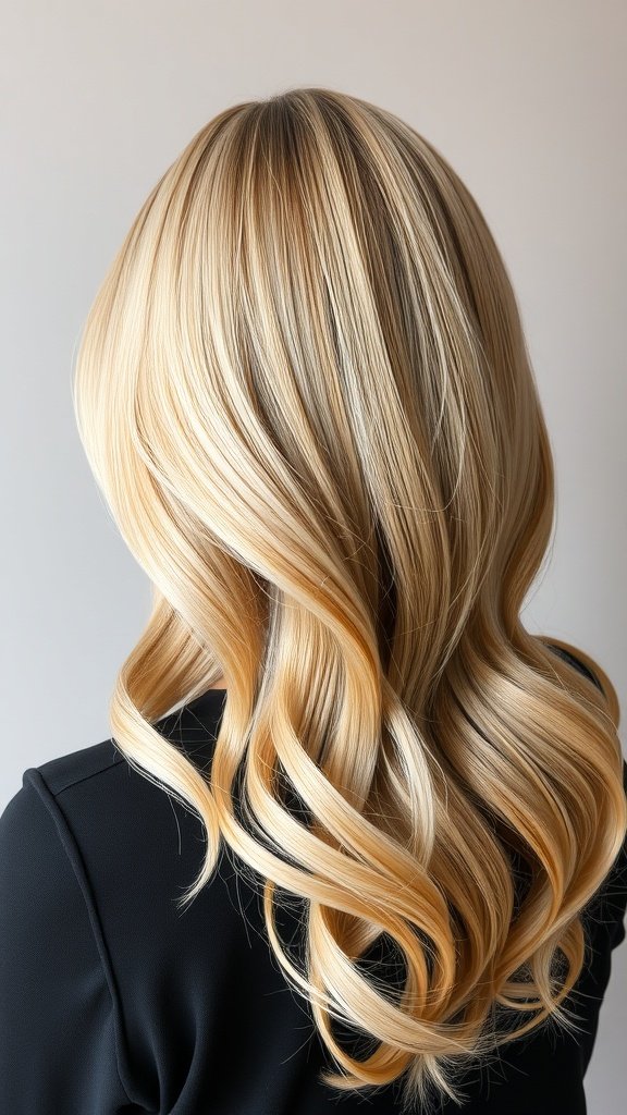 Glossy blonde hair with mahogany lowlights styled in soft waves