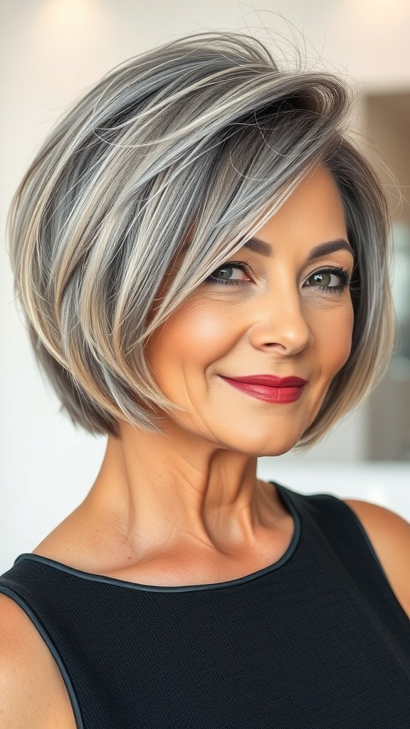 A woman with a stylish gray bob haircut featuring chunky highlights, wearing a black top and a confident smile.