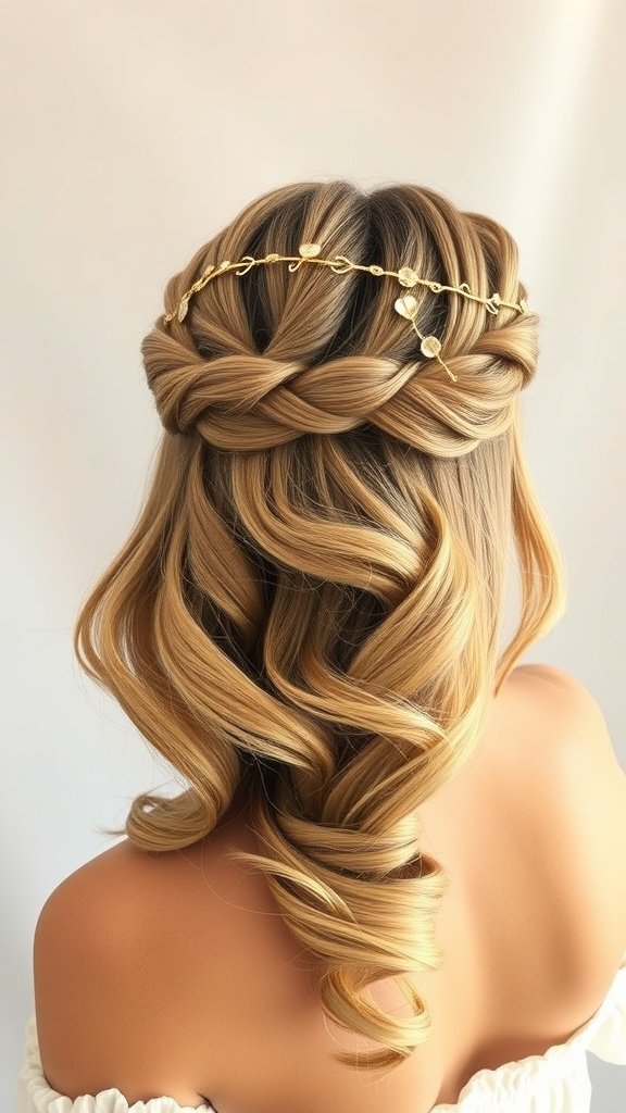 A beautiful Grecian-inspired half-up crown hairstyle with braids and soft waves.