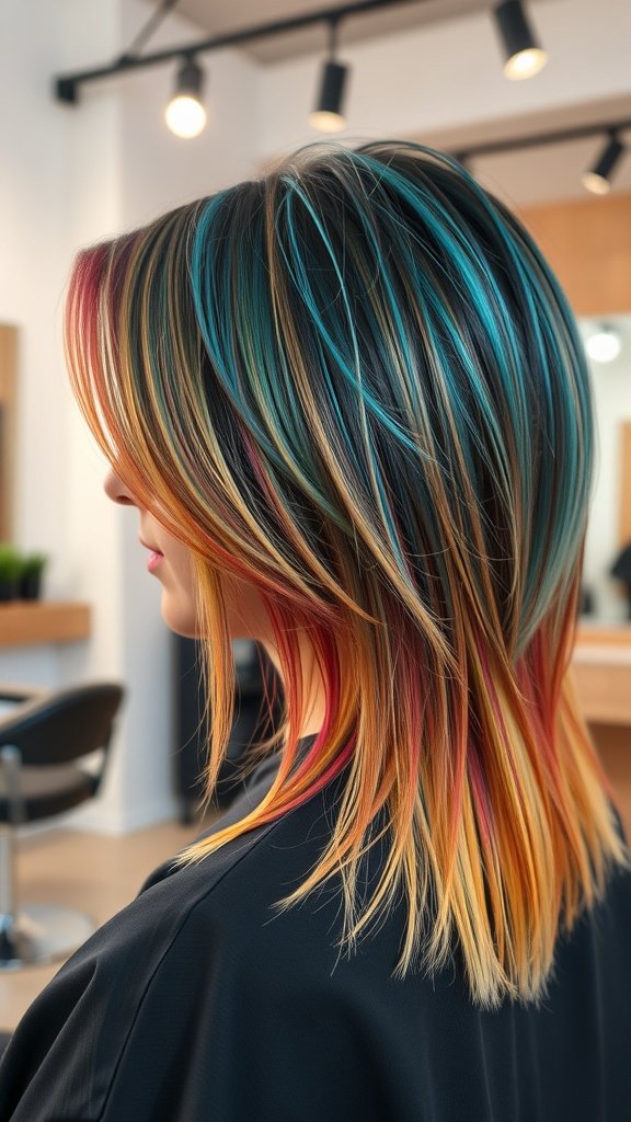 A woman with a high contrast shag haircut featuring vibrant colors like teal, orange, and pink, styled with defined strands.
