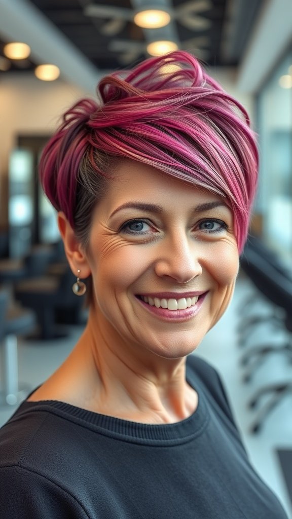 A woman with a high volume pixie haircut with tapered sides, featuring pink highlights, smiling in a salon.