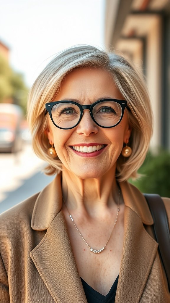 A woman with honey blonde waves and glasses, smiling confidently.