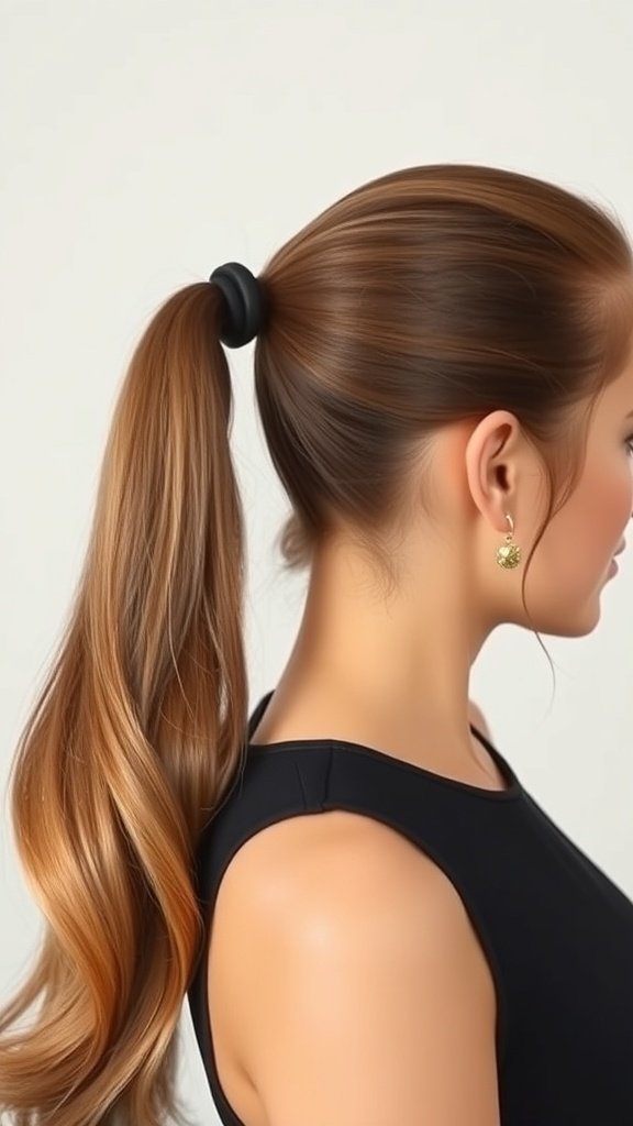 A woman with a sleek ponytail showcasing a hush cut hairstyle.