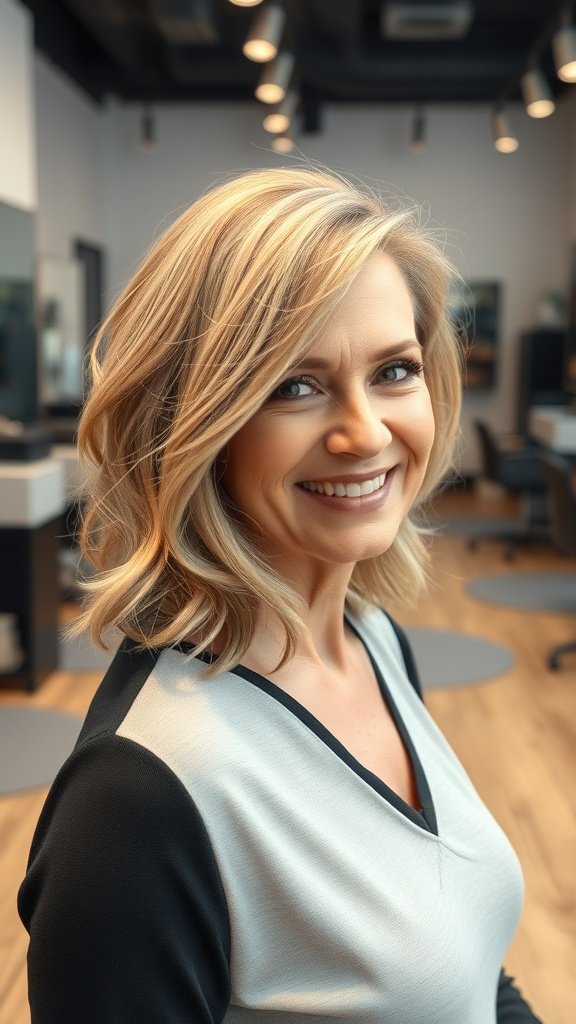 A woman with an inverted lob hairstyle, featuring a layered back, smiling in a salon setting.