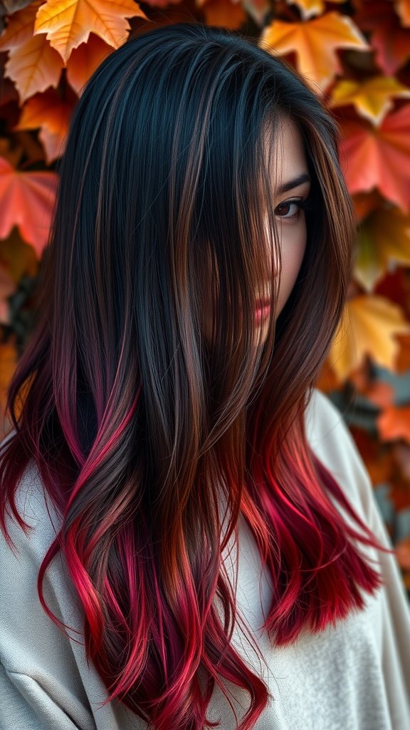 A woman with long, dark hair featuring an iridescent garnet ombre, blending dark red and pink shades, standing against a backdrop of autumn leaves.