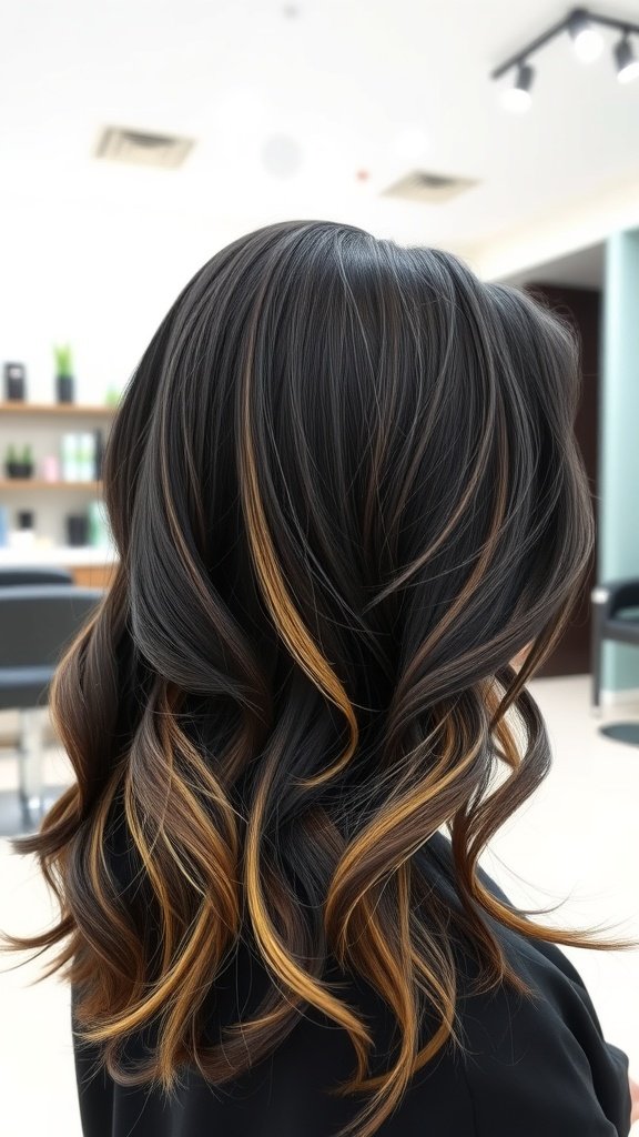 A woman with jet black hair featuring electric blonde highlights, styled in loose waves.