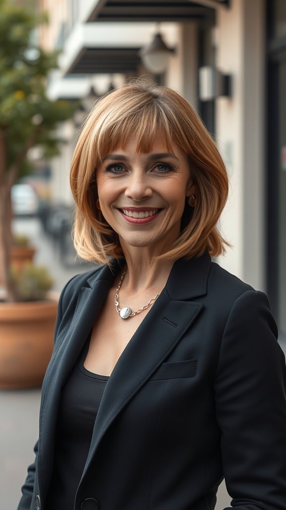 A woman with a lob hairstyle featuring long textured bangs, wearing a black blazer and smiling.