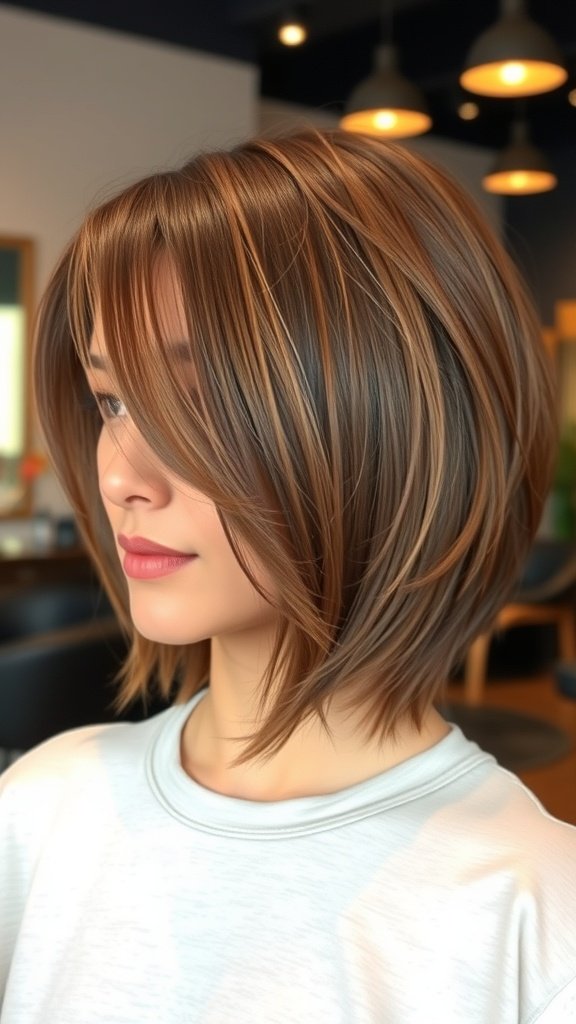 A woman with a lob haircut styled slicked back with volume, showcasing a modern and chic look.