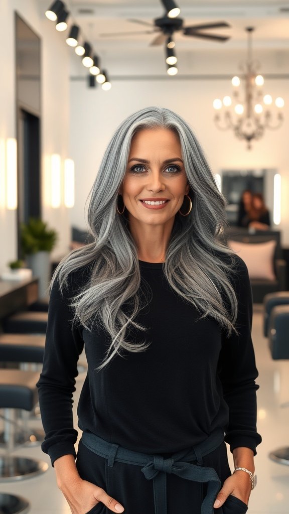 Woman with long gray hair styled in layers and feathered waves, smiling in a modern salon.