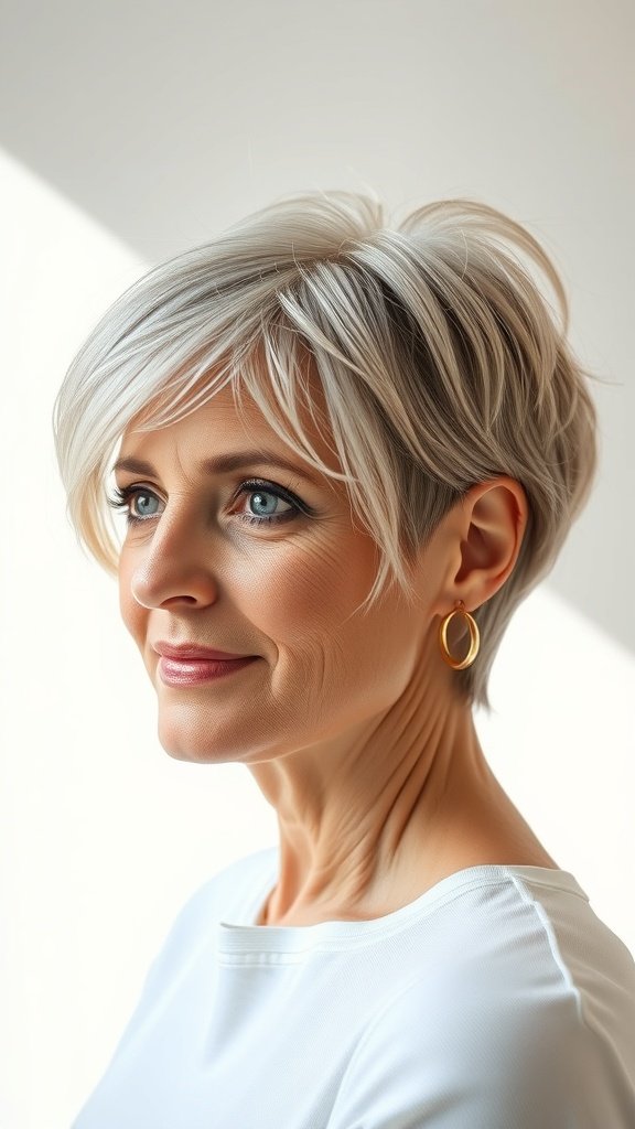 A woman with a long pixie hairstyle featuring a feathered crown, showcasing a stylish and elegant look.