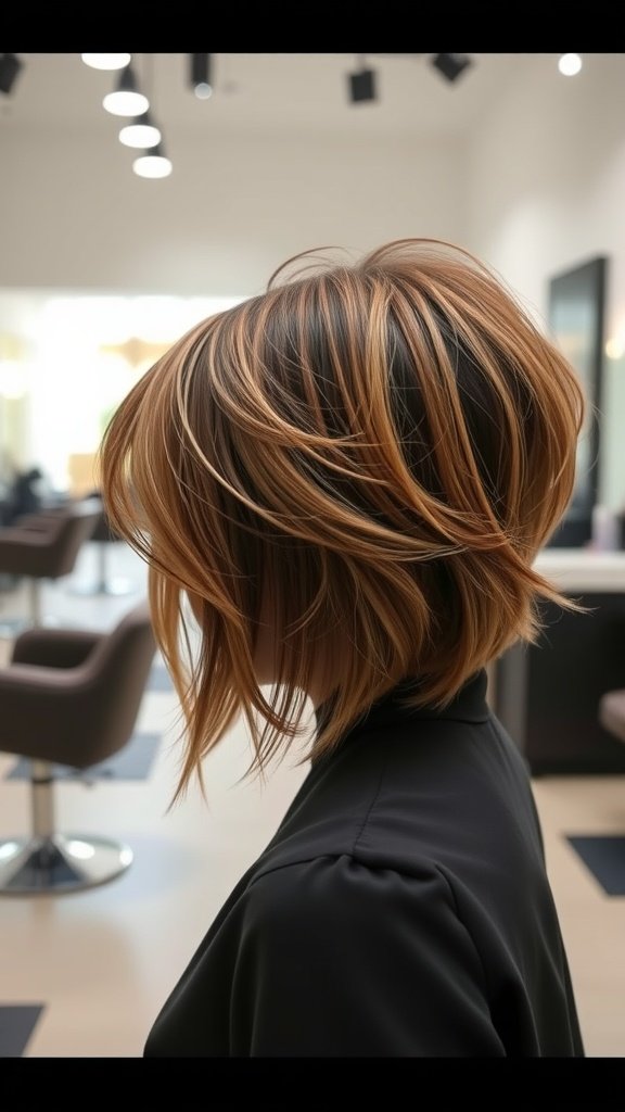 A stylish long pixie haircut with sweeping bangs, showcasing layers and texture.