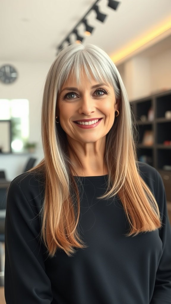 A woman with long straight hair and see-through bangs, smiling in a modern setting.