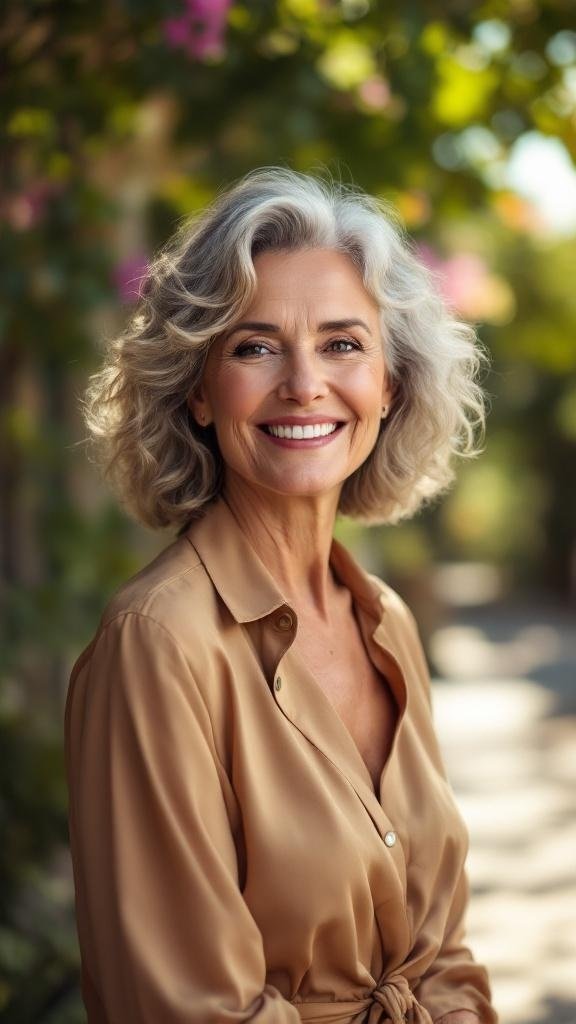 A woman with loose curls and a mid-length shag hairstyle, smiling outdoors.