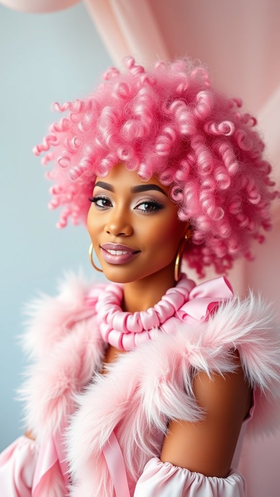 A woman with a lush candy pink afro hairstyle, wearing a pink fluffy outfit and accessories.