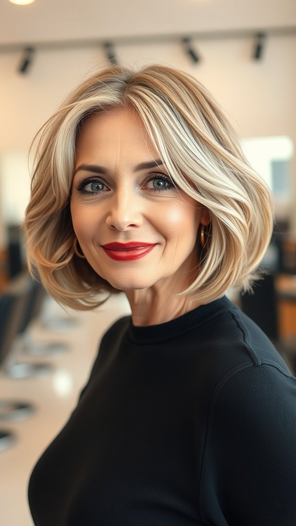 A woman with a medium bob hairstyle featuring rounded ends, showcasing a confident and stylish look.