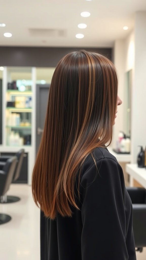 Mid-back length straight hair with minimal layers styled in a salon setting.