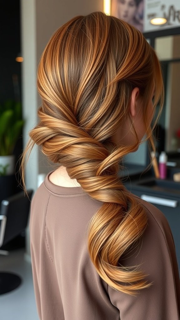 Mid-length caramel swirls styled in a sleek low ponytail