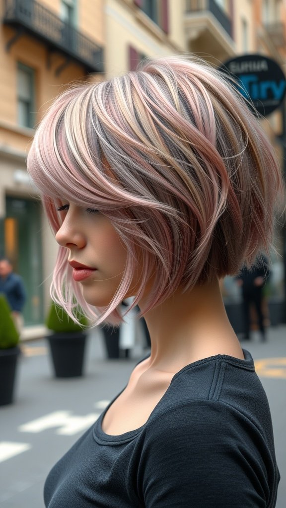 A woman with a mid-length shag haircut featuring subtle pink highlights, standing in an urban setting.