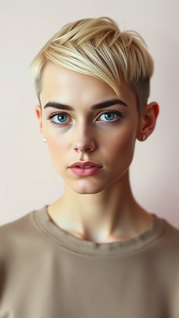 A person with a minimalist androgynous pixie haircut, featuring short blonde hair styled with side-swept bangs.