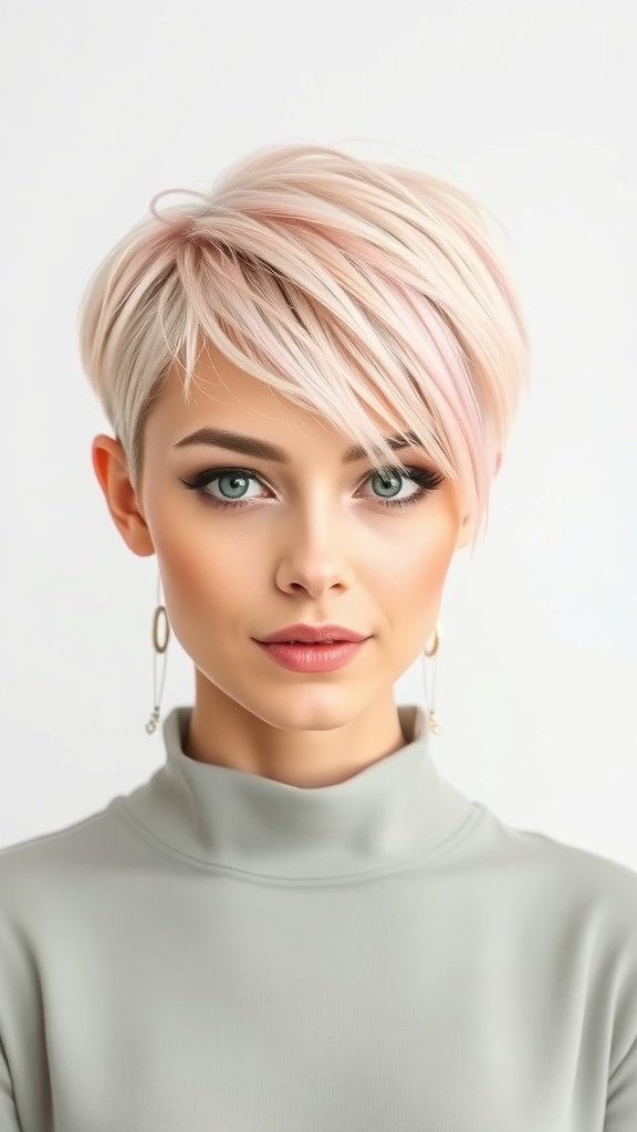 A model with a minimalist androgynous pixie haircut featuring soft pink highlights, wearing a gray turtleneck and statement earrings.