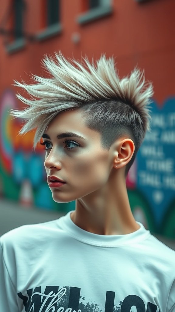 A person with a Mohawk inspired wolf cut, featuring spiky blonde hair on top and closely cropped sides.