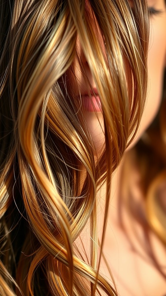 A close-up of hair with olive green highlights in warm brown hair, showcasing beautiful waves and a vibrant color contrast.