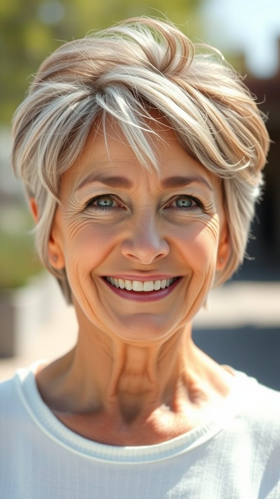 A smiling older woman with a Pixie-Bob hybrid hairstyle featuring wispy layers.