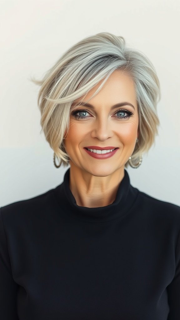 A woman with a Pixie-Bob hybrid hairstyle featuring wispy layers, smiling confidently.