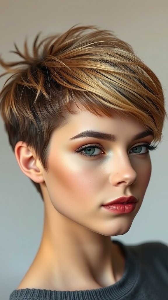 A stylish pixie haircut featuring crown volume and tapered sides, showcasing texture and shape.