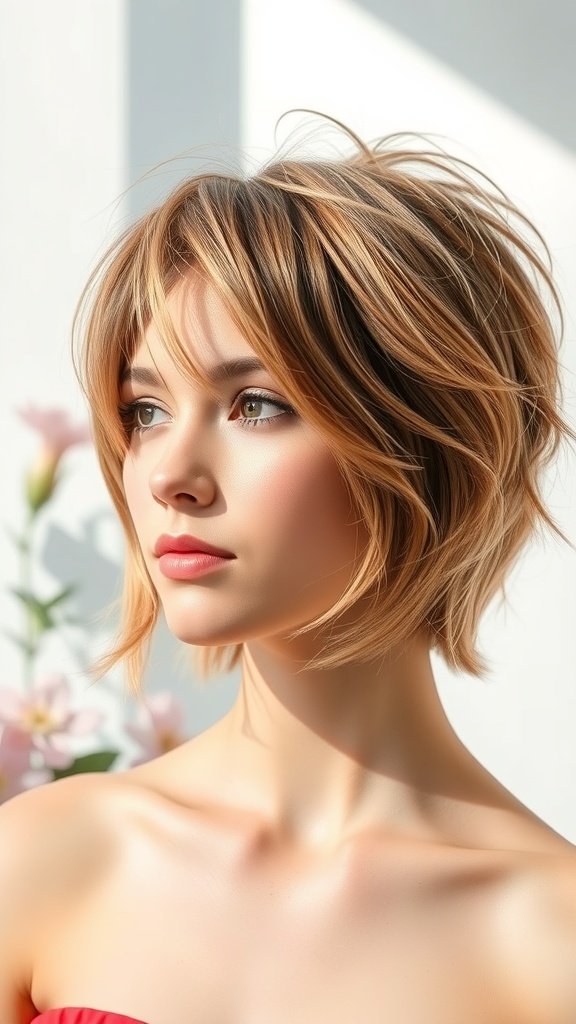 A woman with a pixie haircut featuring a long wispy fringe, showcasing a stylish and modern look.