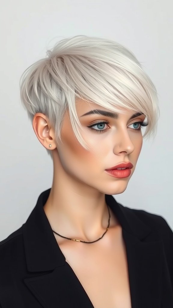 A stylish platinum pixie cut with pastel streaks, showcasing a modern and chic look.