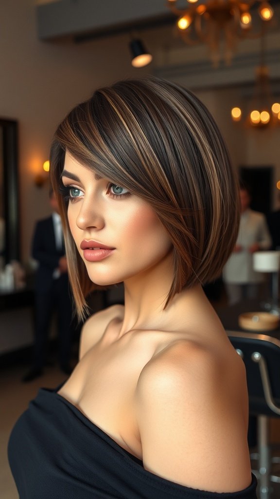 A woman with a polished asymmetrical bob hairstyle featuring precision layers, showcasing a modern and chic look.