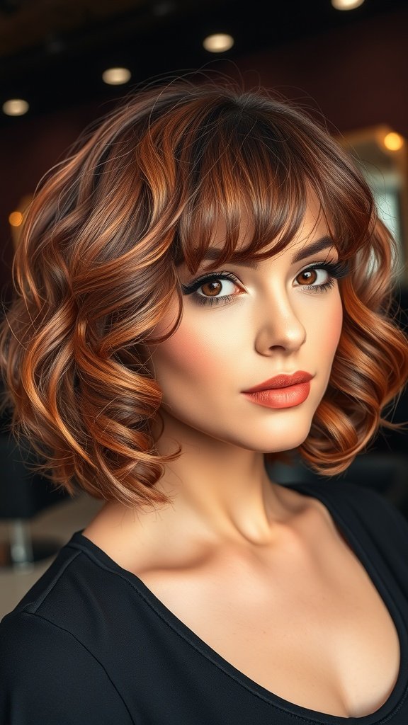 A woman with a polished curly bob hairstyle featuring a rounded silhouette, showcasing soft curls and a stylish appearance.