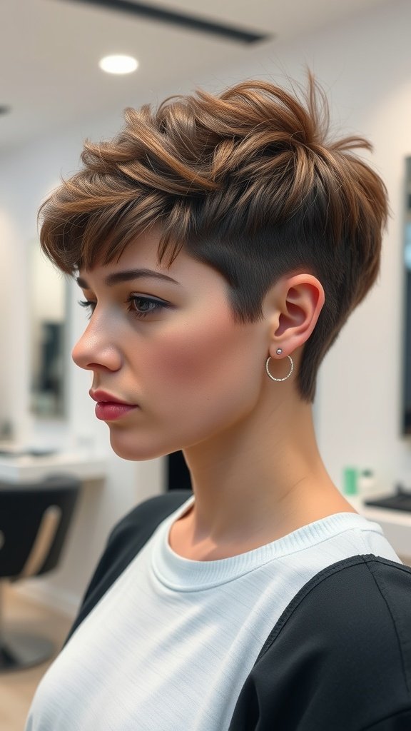 A woman with a razor-cut layered pixie hairstyle featuring sideburns, showcasing a trendy and edgy look.