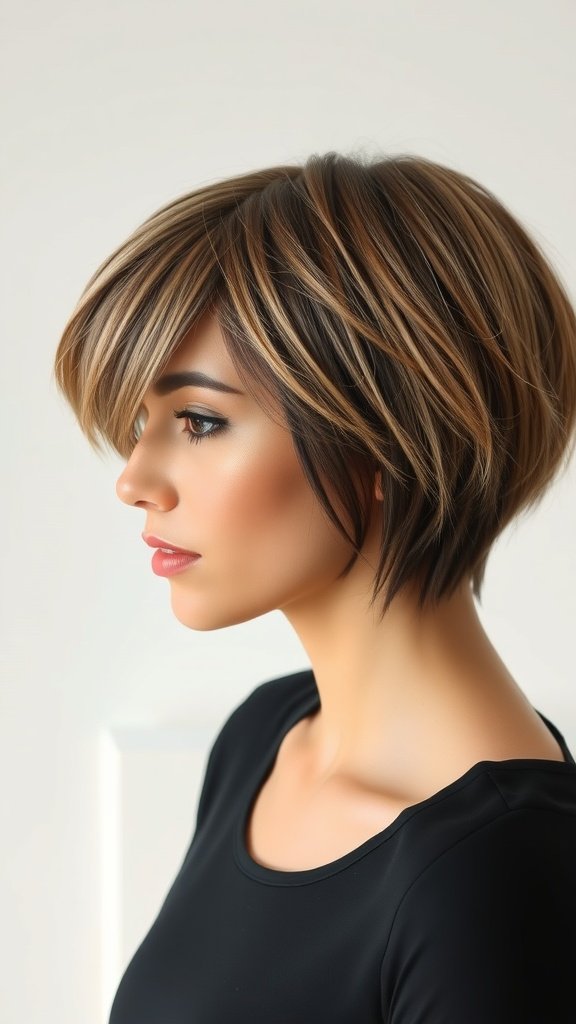 A woman with a razor-cut micro bob hairstyle featuring feathered ends, showcasing a stylish and modern look.