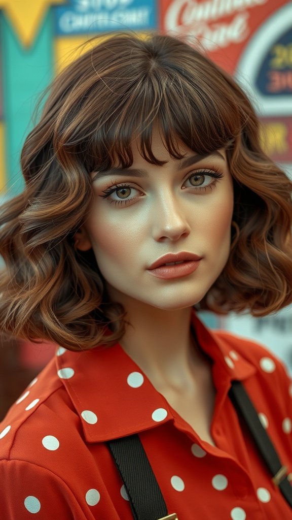 A woman with a retro wavy bob hairstyle featuring full wispy bangs, wearing a red polka dot shirt.