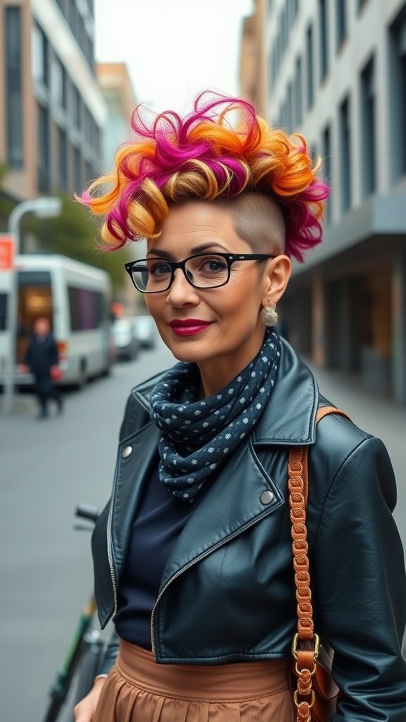 A woman with a vibrant curly mohawk hairstyle, featuring shaved sides and colorful curls, wearing glasses and a leather jacket.