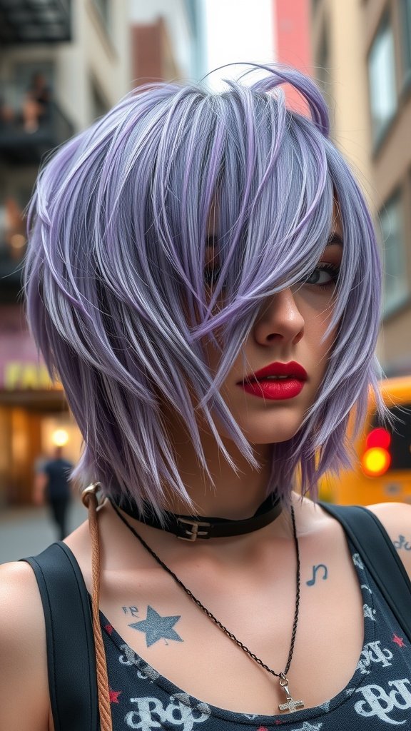 A person with a shag haircut featuring lavender underlights, wearing bold red lipstick and a choker, standing in an urban setting.