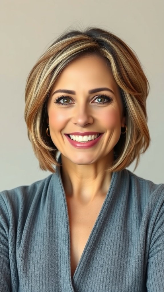 A woman with a short bob hairstyle featuring choppy layers, smiling warmly.