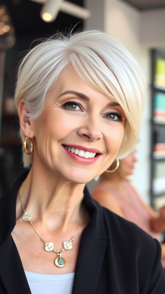 A woman with a short crop hairstyle and side-swept fringe, smiling confidently.