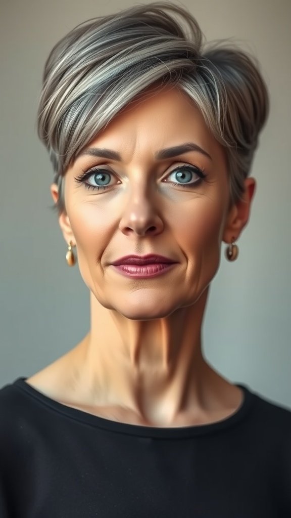 A woman with a short haircut and brushed-forward bangs, showcasing a youthful and elegant look.